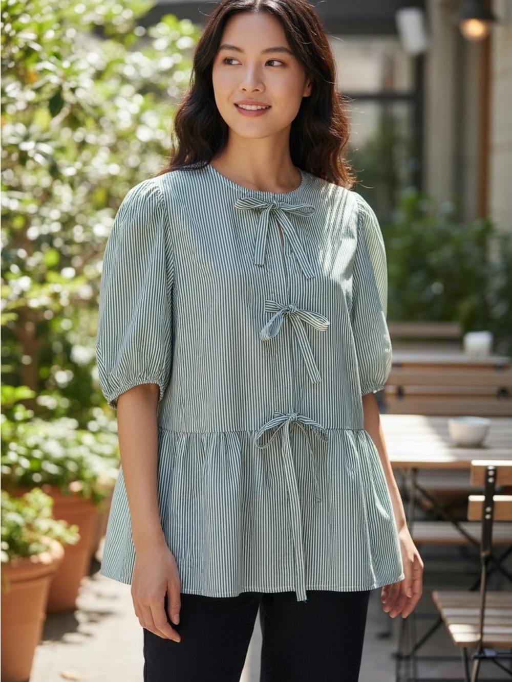 PrettyGarden XL Green Stripe Bow Peplum Top